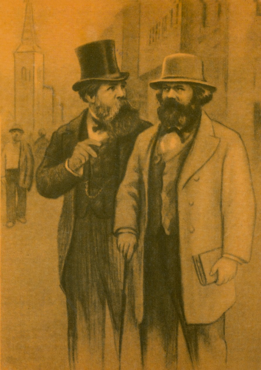 Karl Marx og Friedrich Engels, tyske kommunistiske filosoffer og økonomer (farvelitografi) af European School