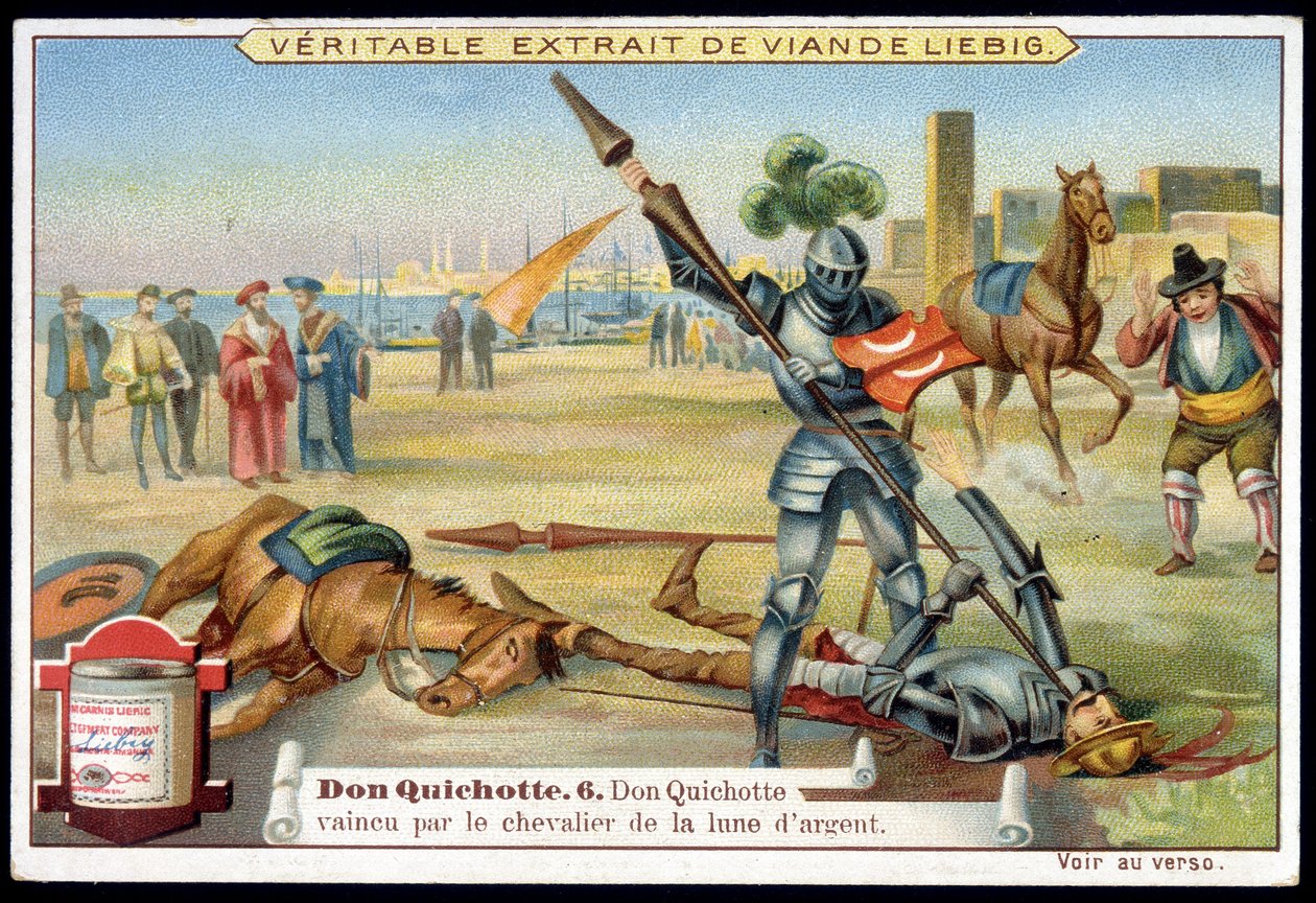 Liebig-kromolitografi: Serien "Don Quijote", nr. 6: Don Quijote besejret af sølvmånens ridder. af European School