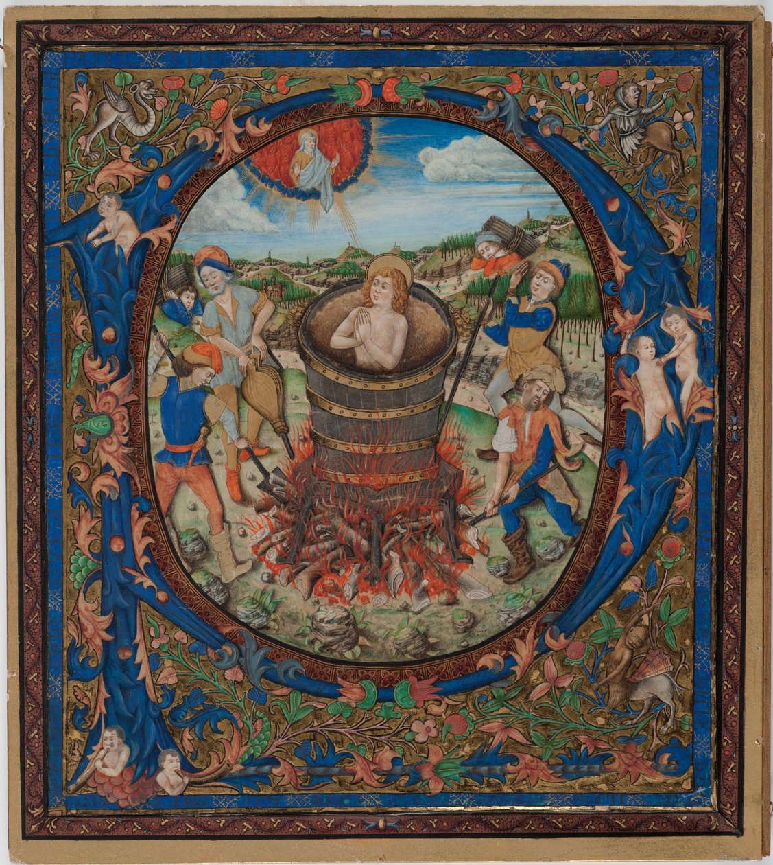 Johannes evangelistens martyrium (tempera på vellum limet på pap) af European School