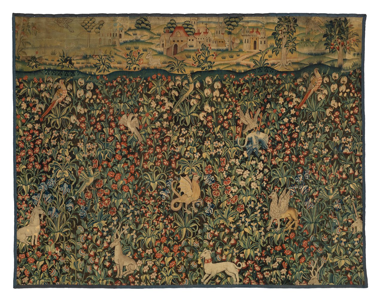 Mille fleurs gobelin fragment af dyr, fugle og landskab, ca. 1500 (uld) af European School