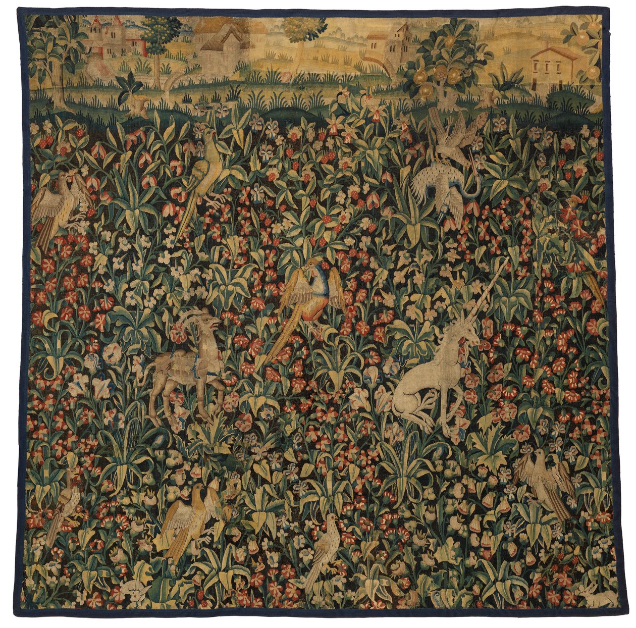 Mille fleurs gobelin fragment af dyr, fugle og landskab, ca. 1500 (uld) af European School