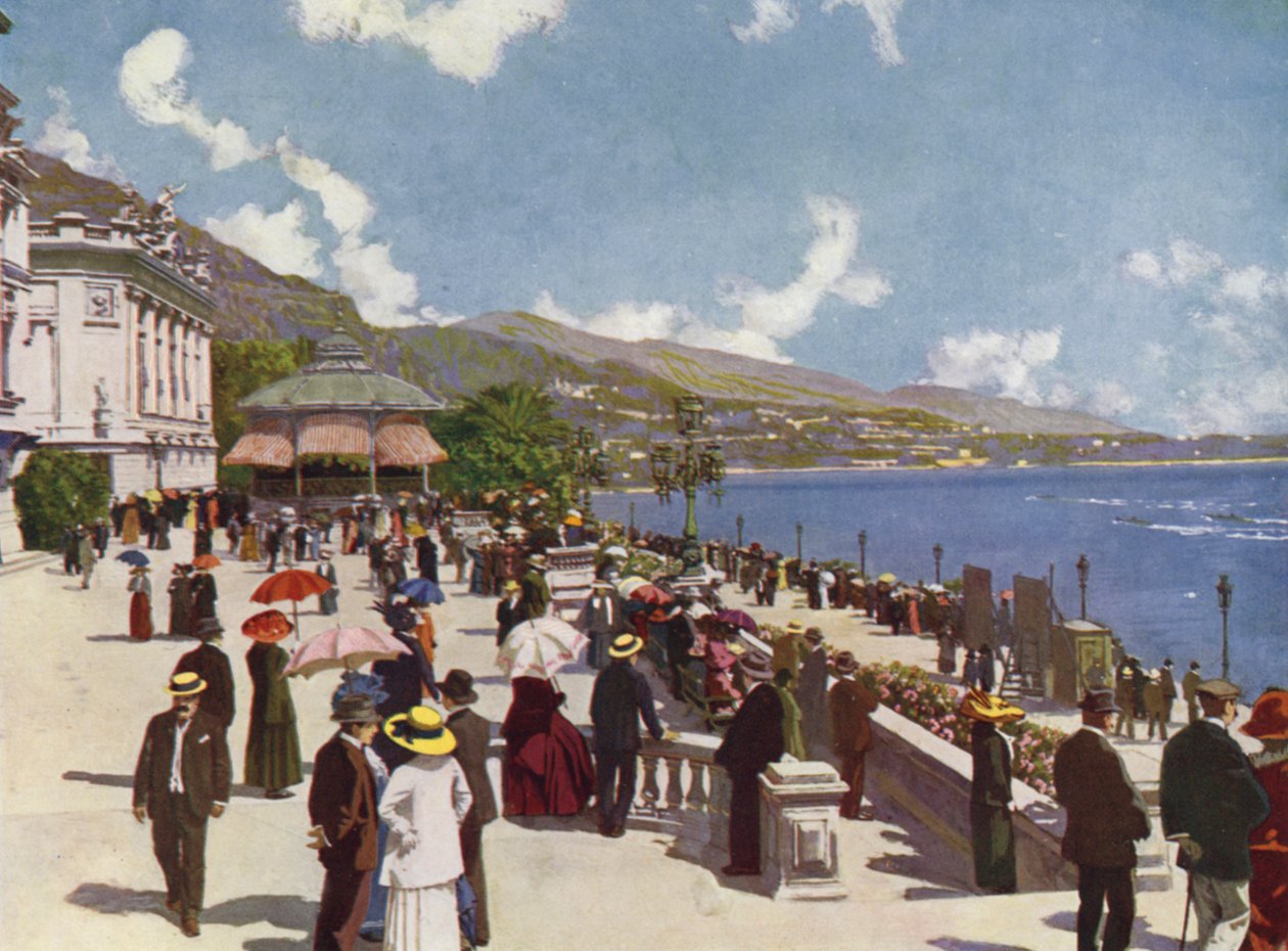 Monte-Carlo, La Terrasse og Kiosque de la Musique (farvelitografi) af European School