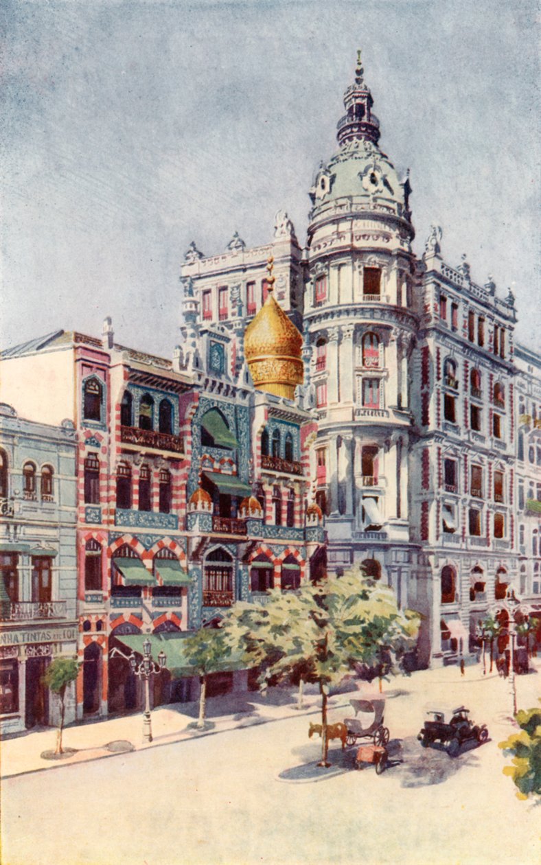 Den mauriske bygning og Guinles kontorer, Avenida Rio Branco (farvelitografi) af European School