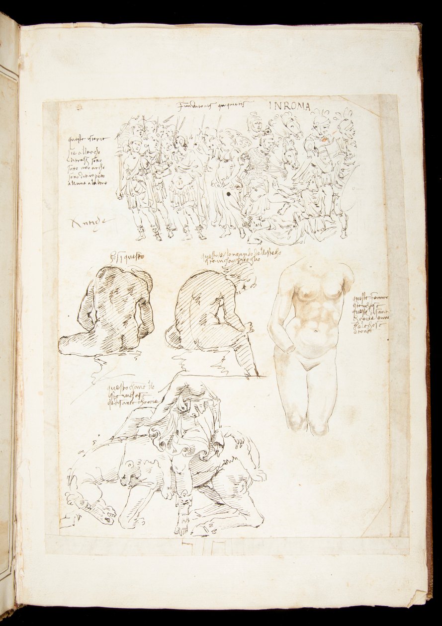 Ms 701 fl.34v, tegning inklusive et billede af Spinario fra bagsiden, slutningen af 1400-tallet (pen og blæk på papir) af European School