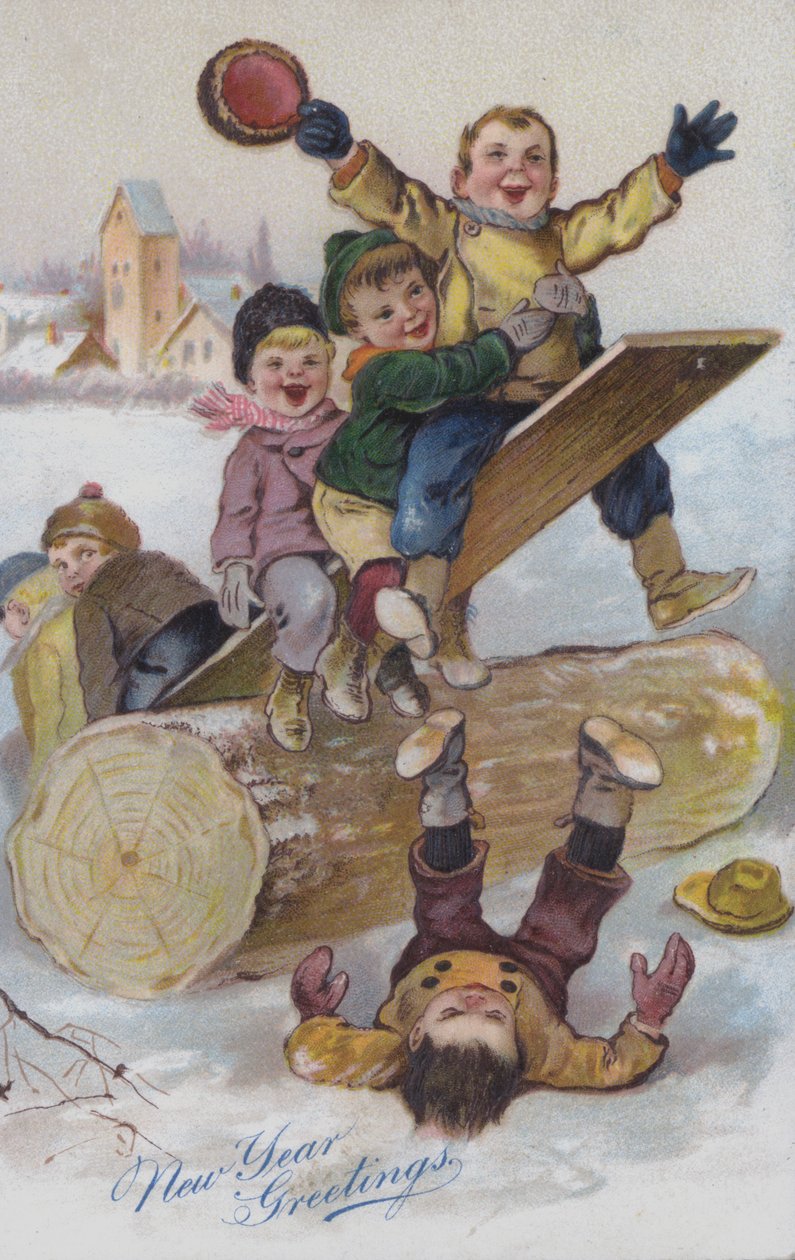 Nytårskort med billeder af børn, der leger i sneen (chromolitho) af European School