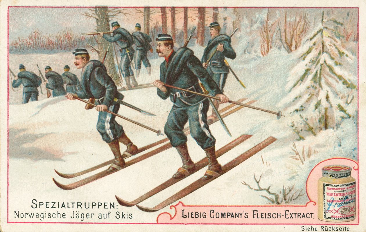 Norge, soldater på ski, Liebig-kort, begyndelsen af det 20. århundrede (chromo) af European School