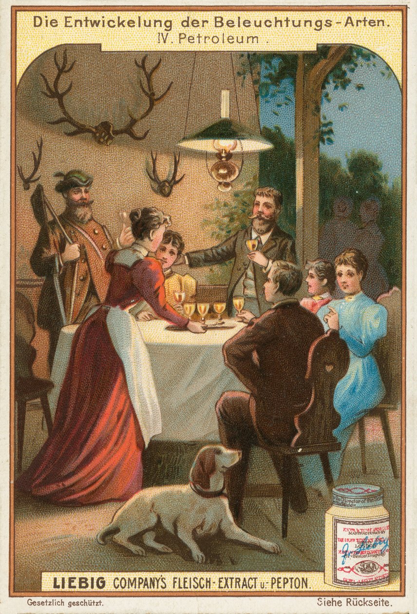 Olielampe, Liebig-kort, begyndelsen af det 20. århundrede (chromo) af European School