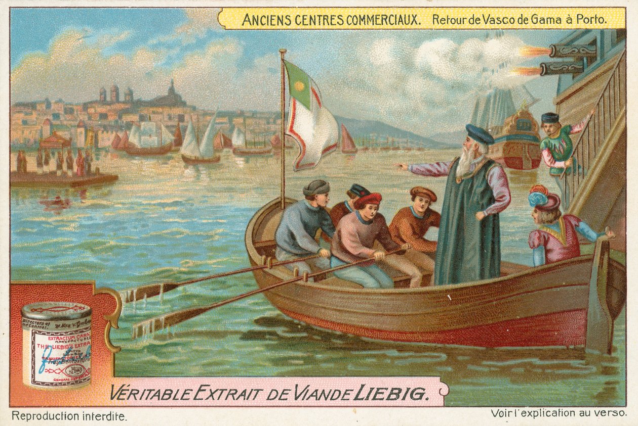 Porto, Vasco da Gamas hjemkomst, Liebig-kort, begyndelsen af det 20. århundrede (chromo) af European School