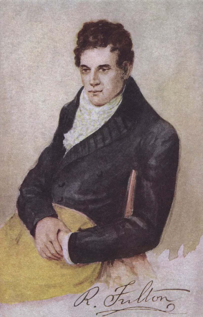 Robert Fulton, amerikansk ingeniør, opfinder og dampskibspioner (farvelitografi) af European School