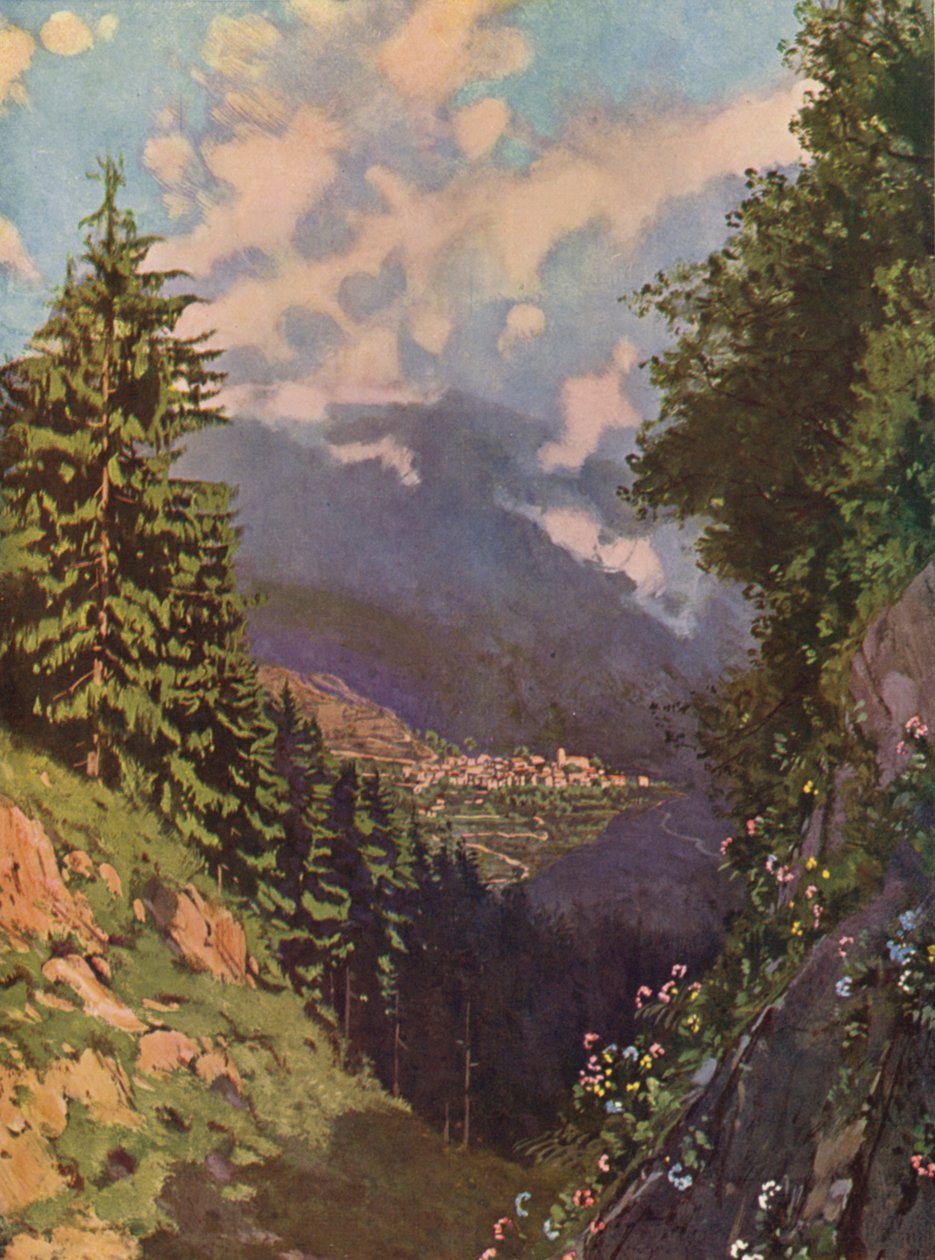 Saint-Martin-Vesubie, generel udsigt (farvelitografi) af European School