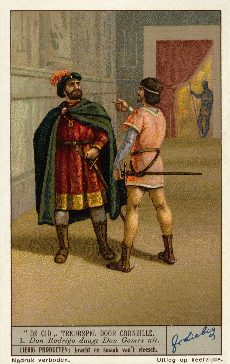 Scene fra den franske dramatiker Paul Corneilles tragedie Le Cid: Don Rodrigue udfordrer Don Gomes, far til Chimene (chromolitho) af European School