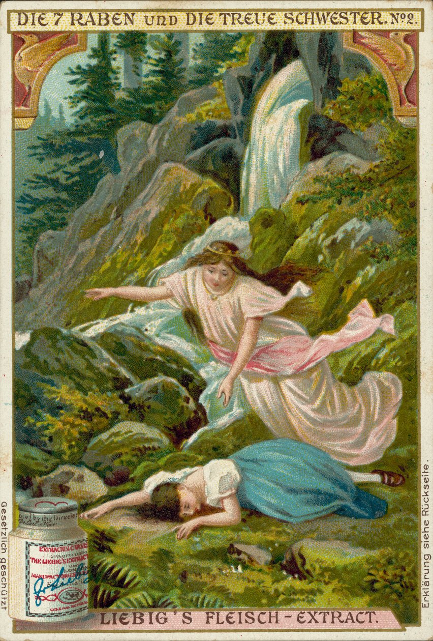 Scene fra De syv ravne, Brødrene Grimms eventyr (chromolitho) af European School
