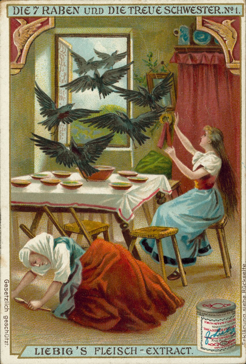 Scene fra De syv ravne, Brødrene Grimms eventyr (chromolitho) af European School
