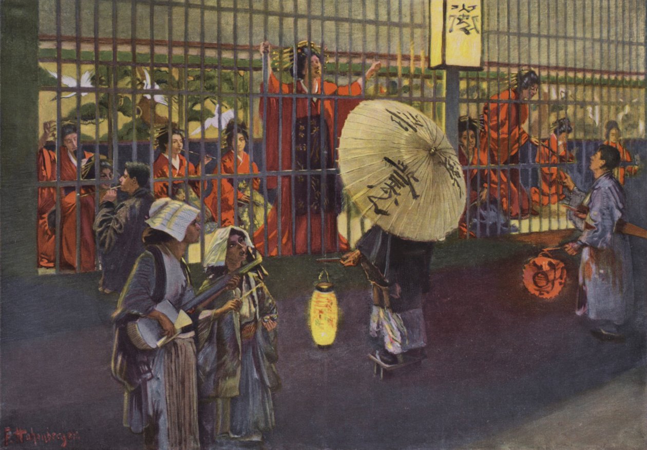 Scene i Yoshiwara-distriktet i Tokyo, Japan (farvelitografi) af European School