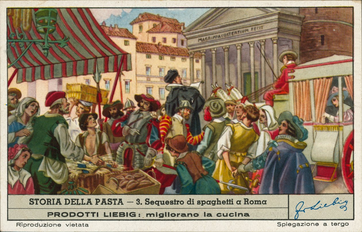 Beslaglæggelse af ulovligt handlet spaghetti, Rom (chromolitho) af European School