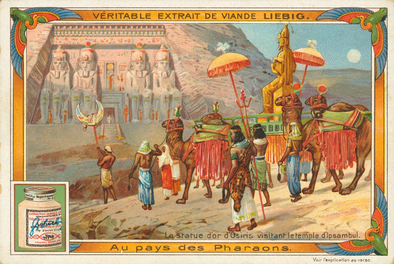 Statue af Osiris på besøg i Ipsambul-templet, Liebig-kort, begyndelsen af det 20. århundrede (chromo) af European School
