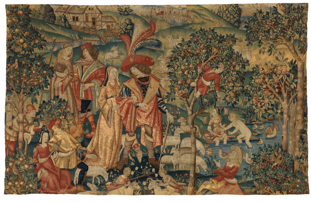 Gobelin, der forestiller pastoral scene med frugtplukning, eller The Seigneur in his Park eller Rural Alliance og frugtplukning, ca. 1500 (uld og silke) af European School