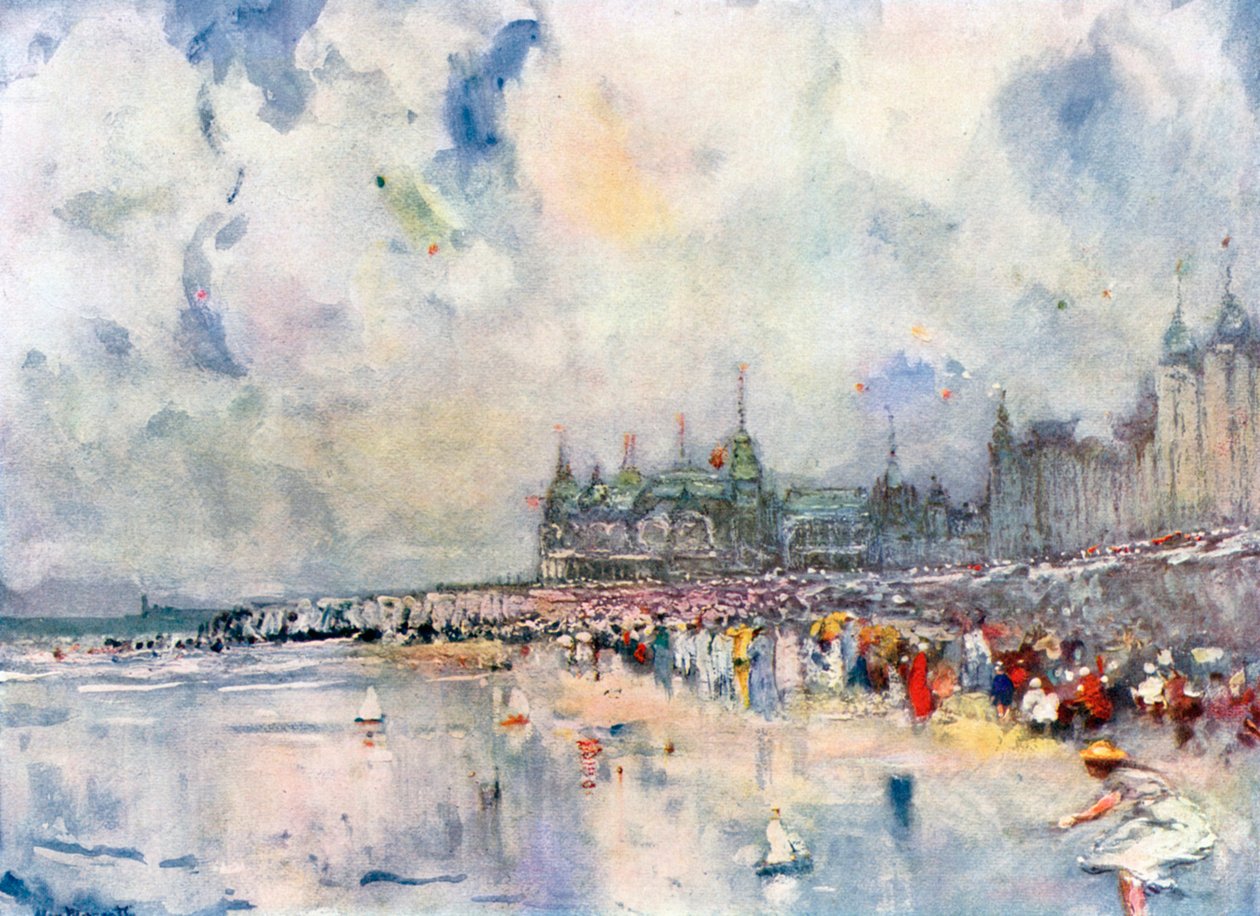 Kursaal og Digue, Oostende (farvelitografi) af European School