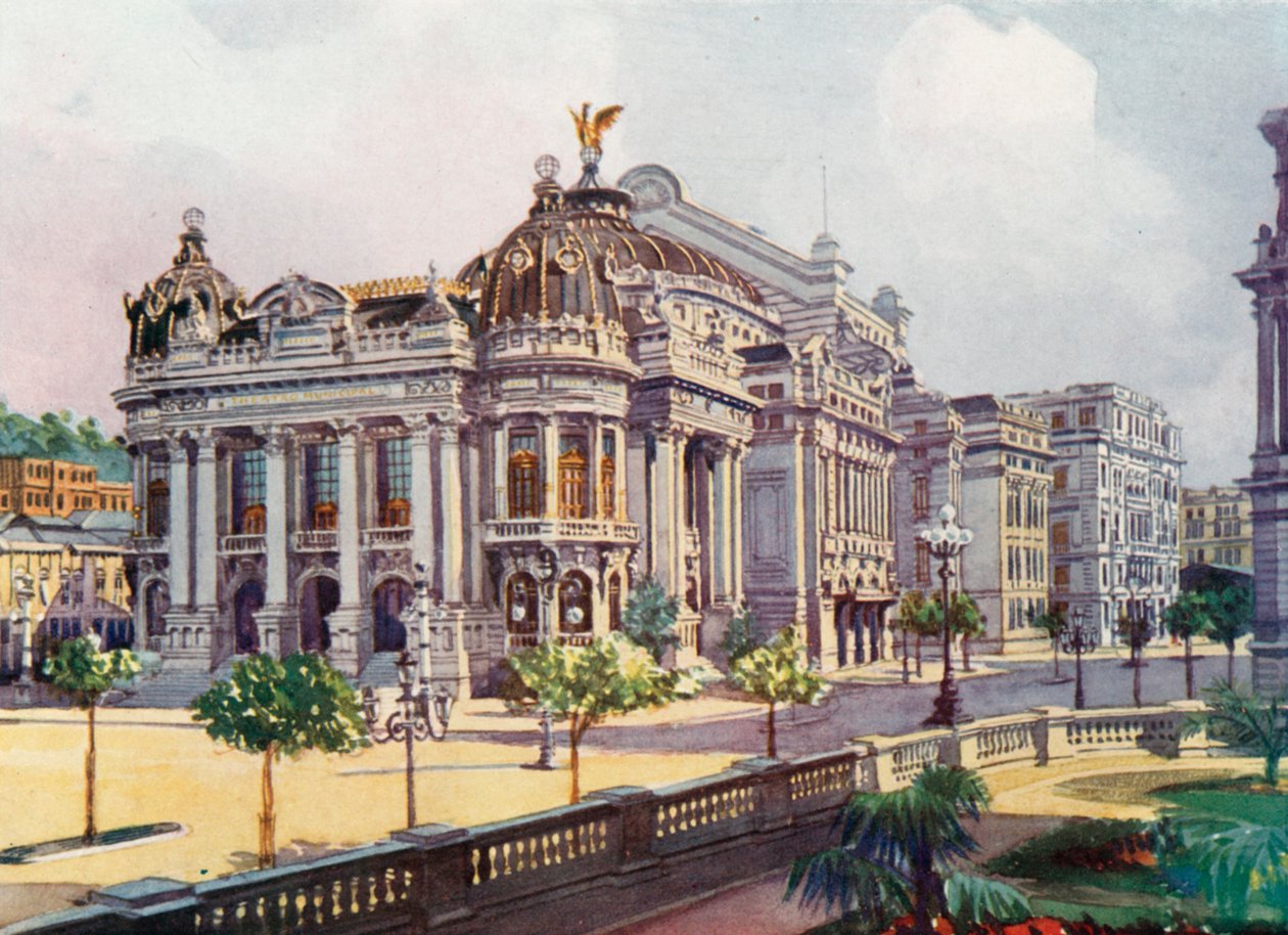Det kommunale teater, Avenida Rio Branco (farvelitografi) af European School