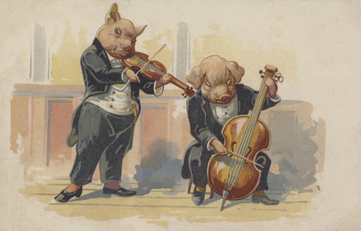 To grise spiller på musikinstrumenter (farvelitografi) af European School