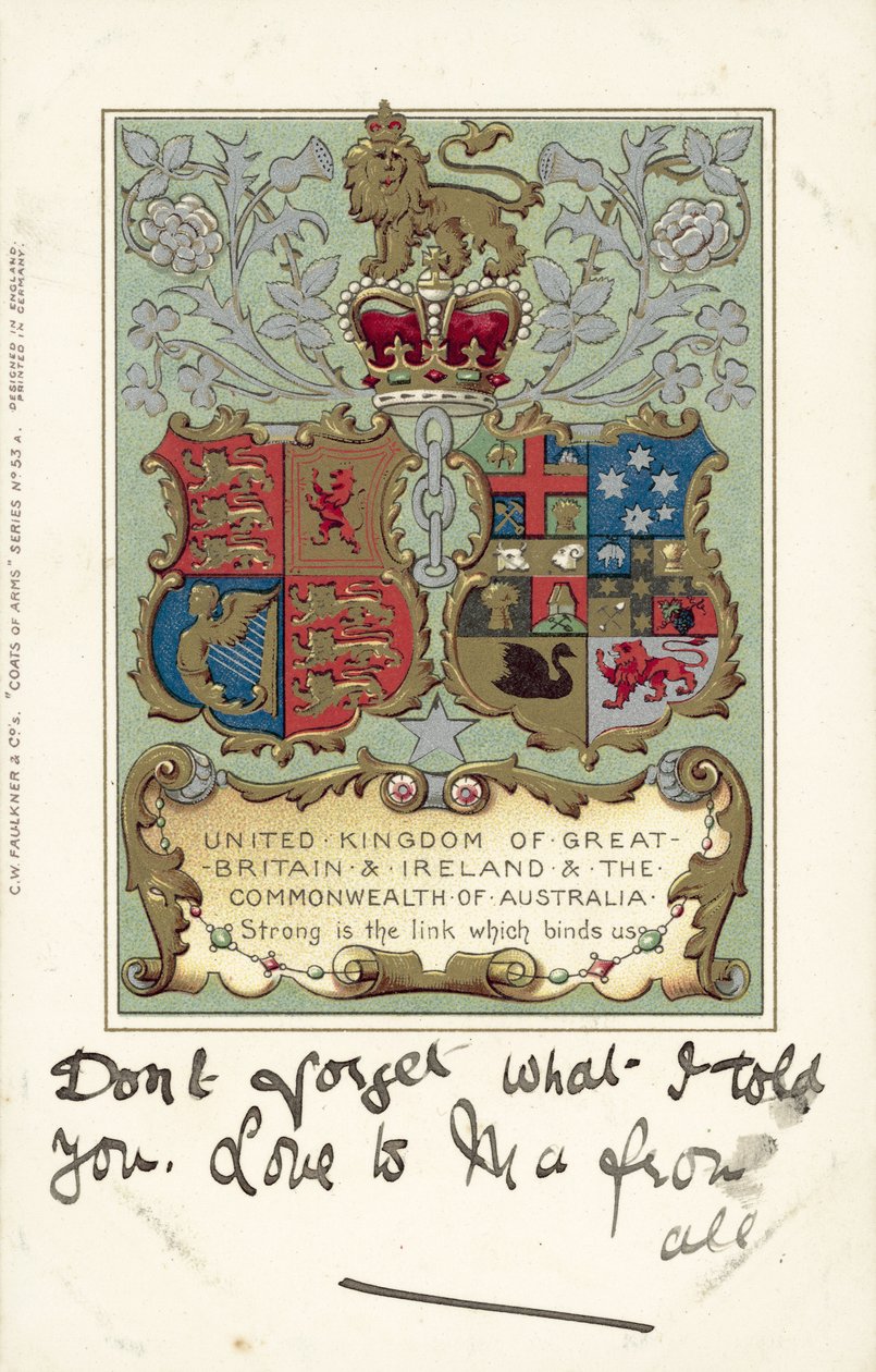 Det Forenede Kongerige Storbritannien og Irland og Commonwealth of Australia (farvelitografi) af European School