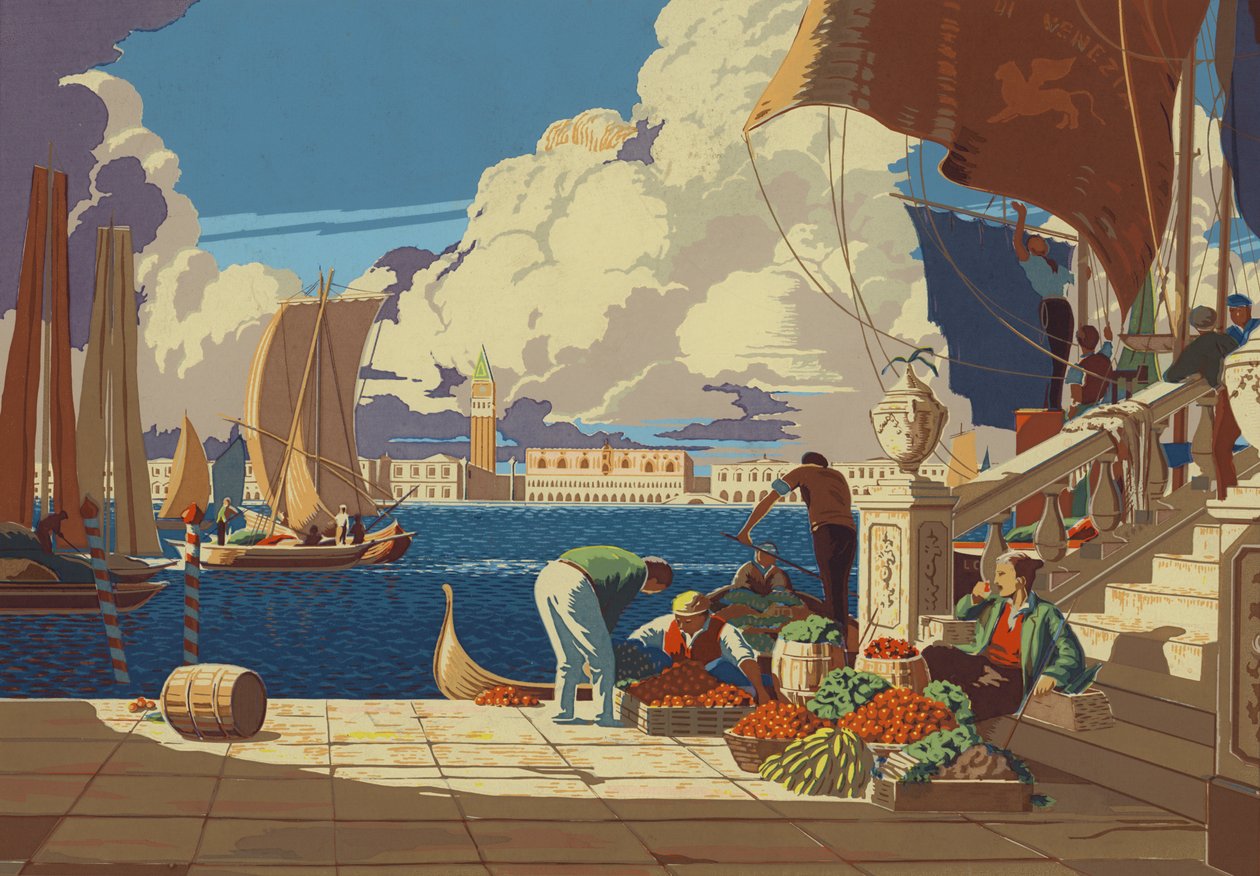 Venedig, med udsigt over lagunen til San Marco (farvelitografi) af European School