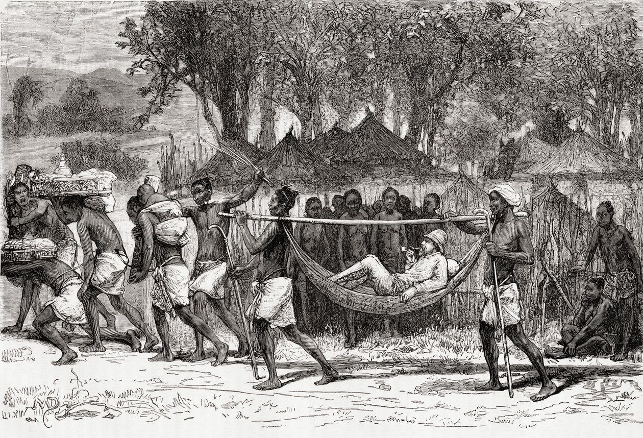 Verney Lovett Cameron ankommer til landsbyen Oulonnda, Afrika, 1878 (trægravering) af European School