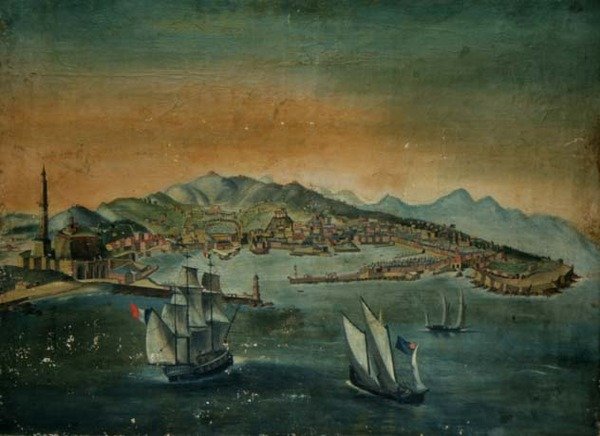 Udsigt over en havn med et fyrtårn på et forbjerg, ca. 1800 af European School