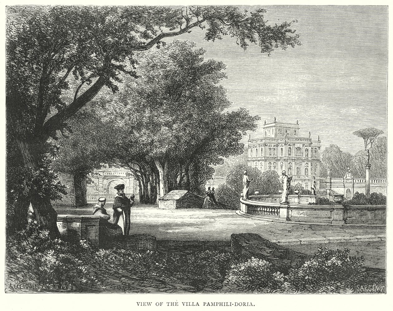 Udsigt over Villa Pamphili-Doria (kobberstik) af European School