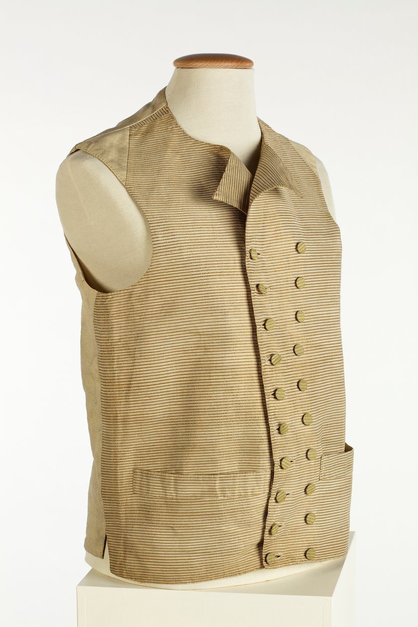 Vest i vævet silke med fine guld, creme og orange striber, ca. 1780-90 (silke) af European School