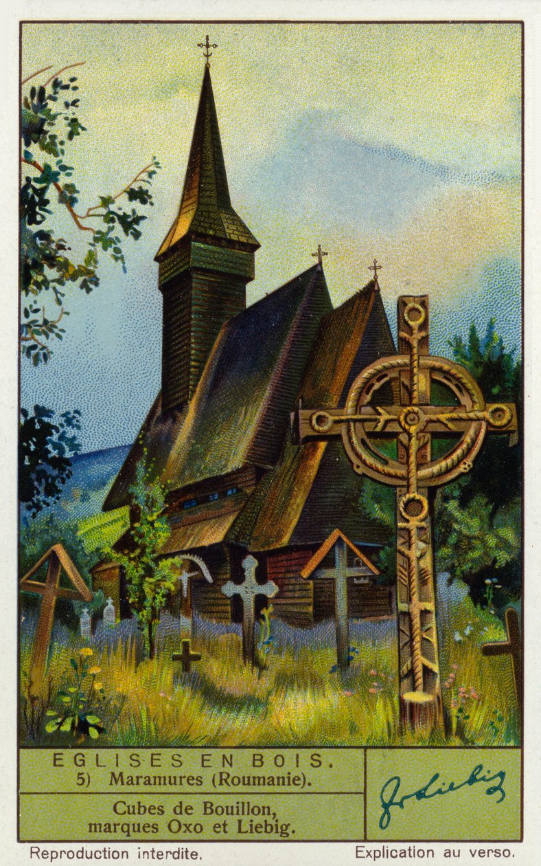 Kirke i træ, Maramures, det nordlige Rumænien (chromolitho) af European School