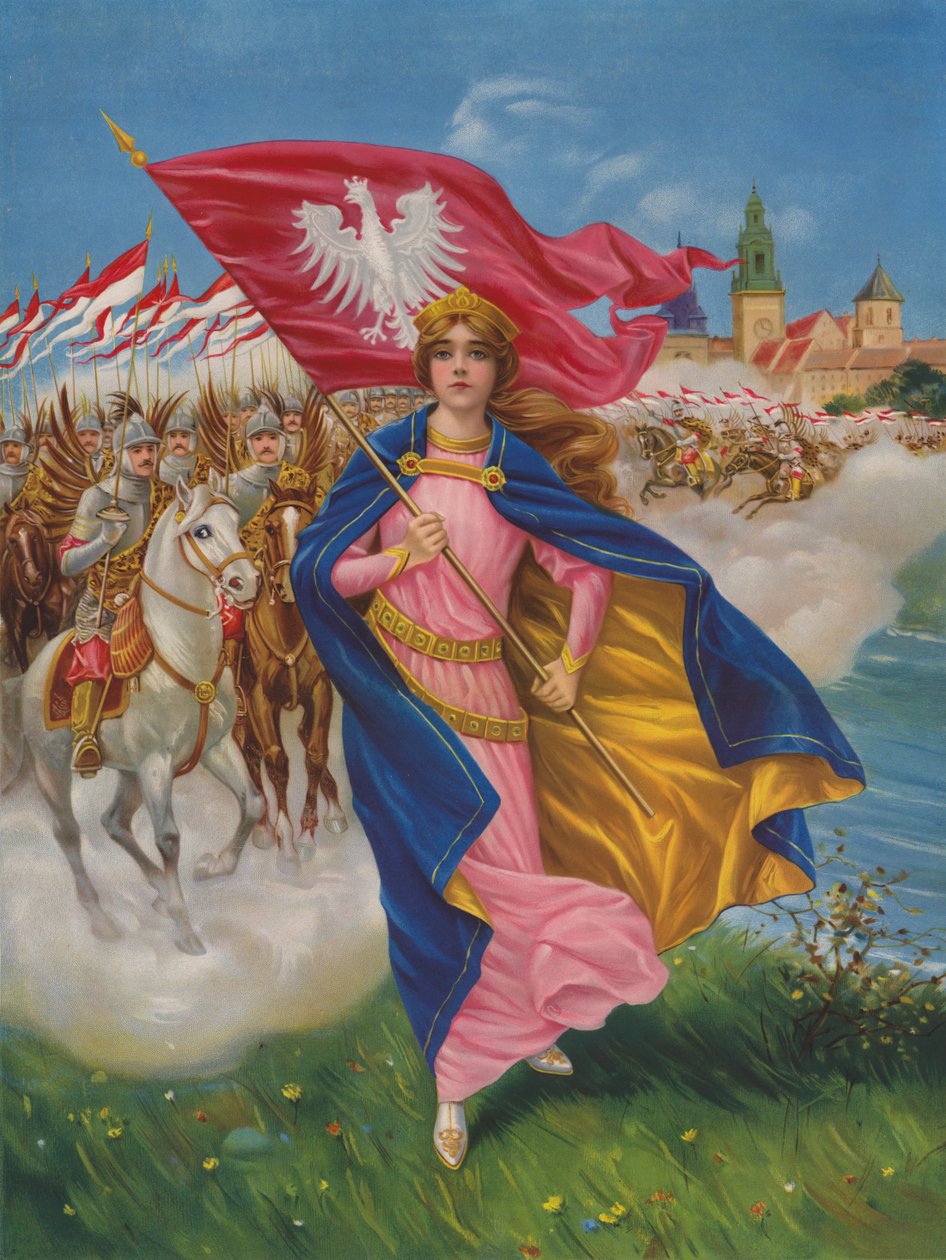 Ung kvindelig helgen holder et banner med den polske hvide ørn, efterfulgt af polske soldater til hest (chromolitho) af European School