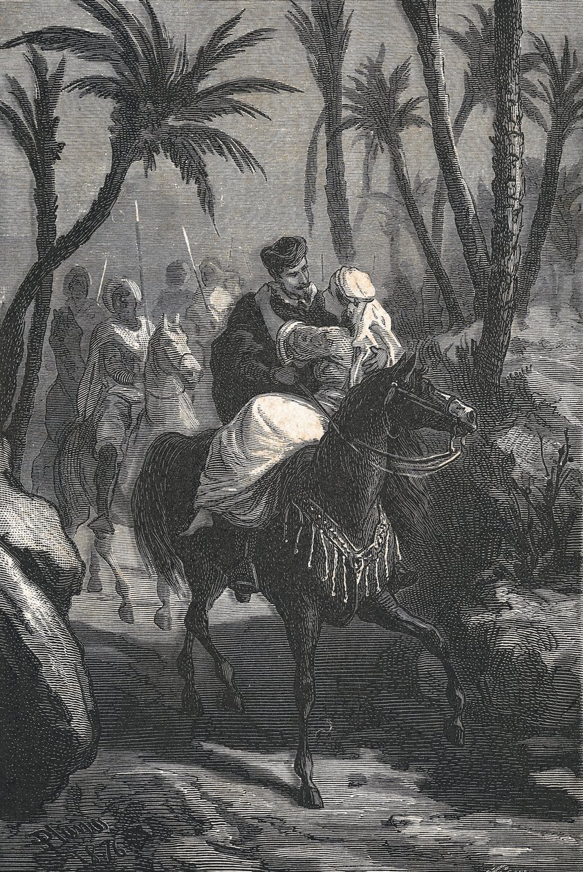 Cervantes rider på en hest med en kvinde i en oase af Eusebio Planas