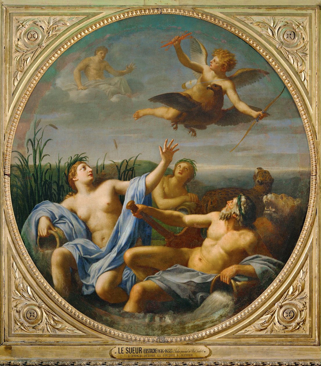 Kærligheden har afværget Jupiters tordenkile og flyver væk ... af Eustache (studio of) Le Sueur
