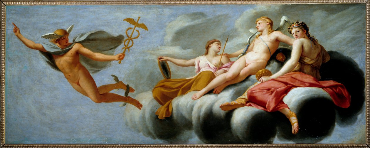 Amor beordrer Merkur til at bekendtgøre sin magt til universet. Hermes har mistet sin egenskab. Maleri af Eustache Le Sueur (1617-1655) 1646 søn. 1x2,5 m. af Eustache Le Sueur