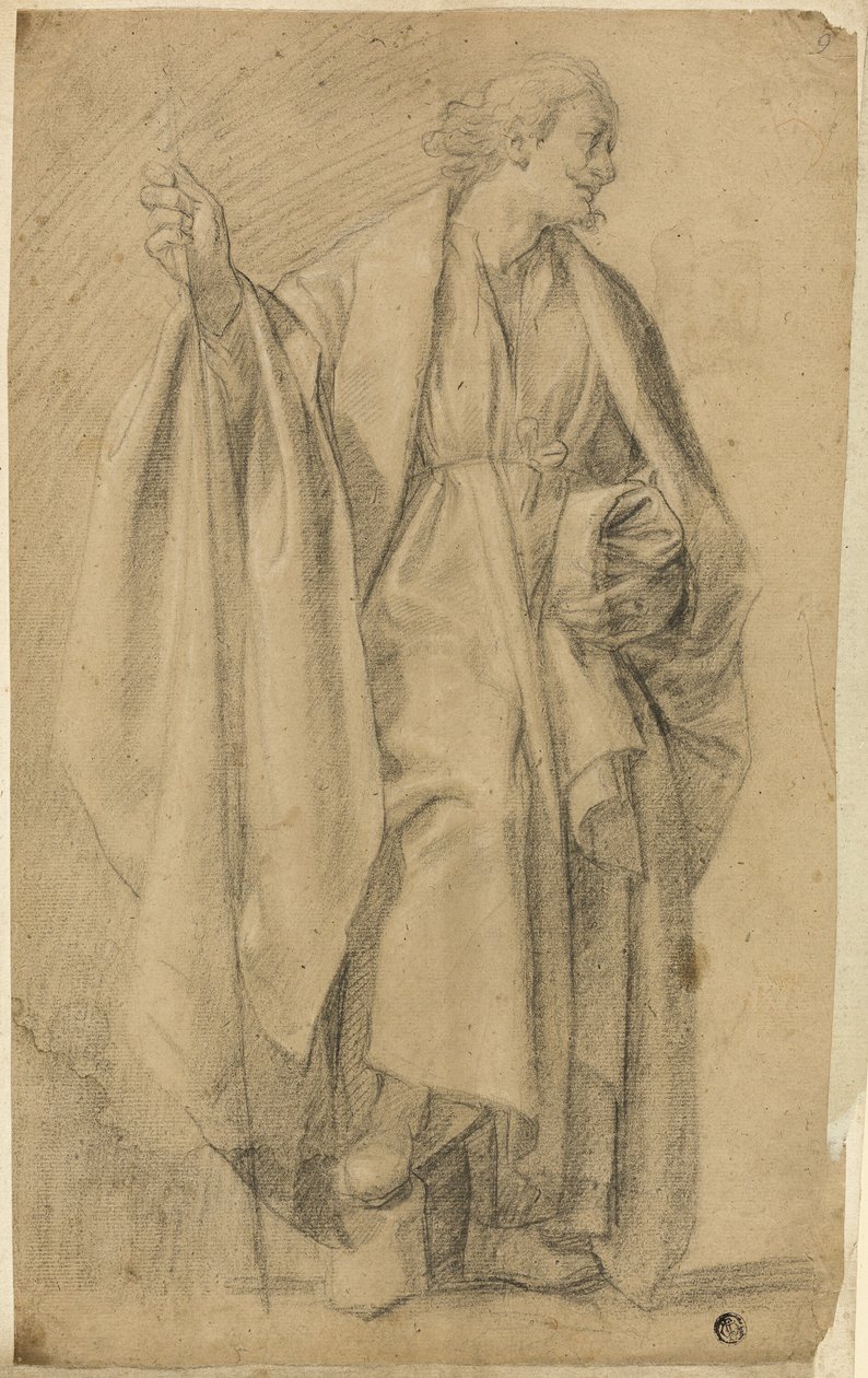 Stående draperet mandsfigur, holdestav af Eustache Le Sueur