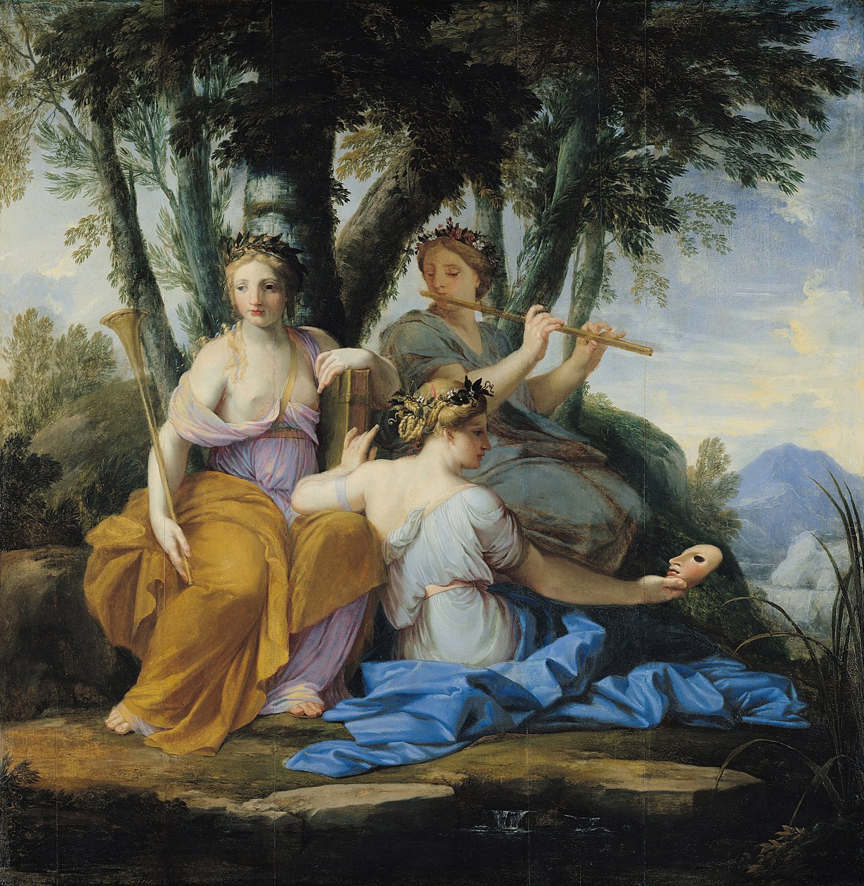 Muserne, Clio, Euterpe og Thalia, ca. 1652-55 (olie på panel) af Eustache Le Sueur