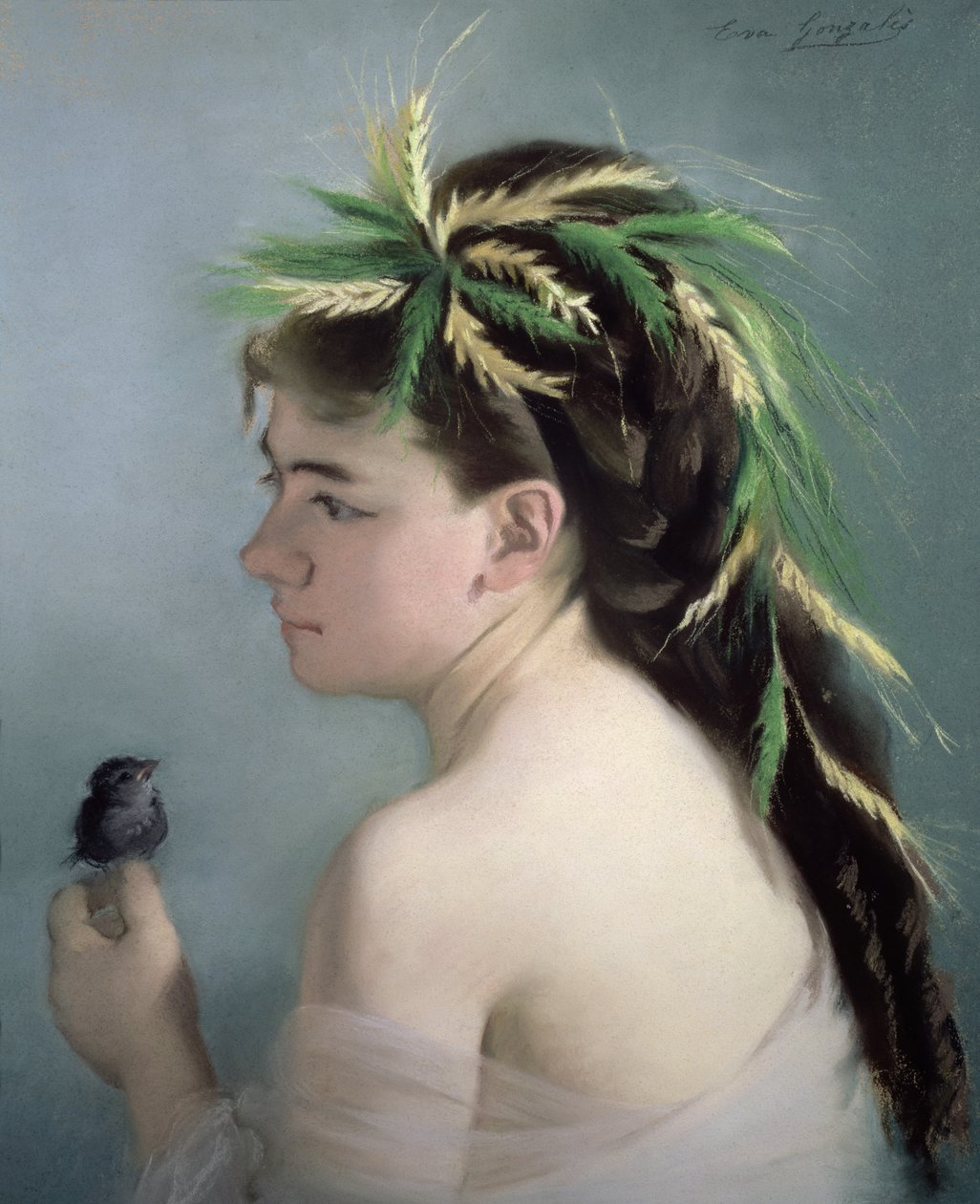 Portræt af en pige, der holder en spurv (pastel) af Eva Gonzalès
