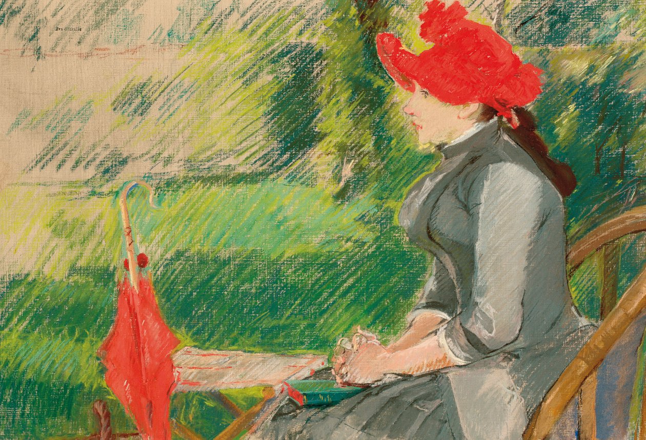 Læsning i haven; eller kvinde i rød hat, ca. 1880-1882 af Eva Gonzalès