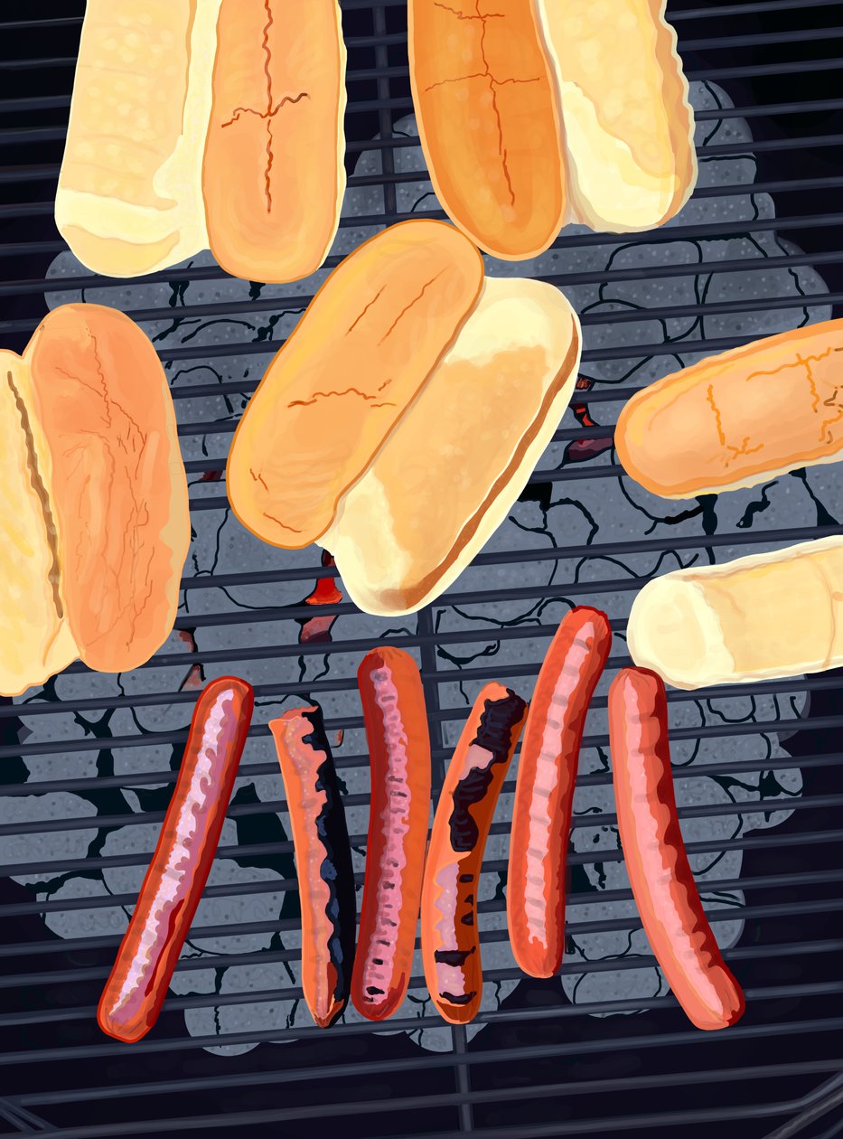 6 hotdogs på grill, sydsiden af Streef (digital kunst) af Evan Sklar