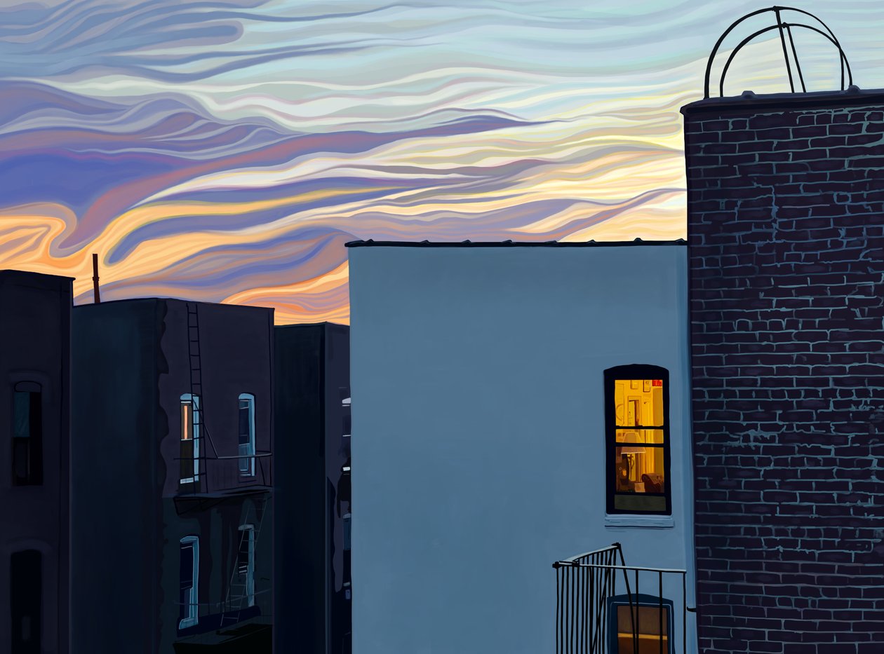 Lejlighedsbygninger og glødende vinduer med dramatisk himmel og skyer i skumringen i sommerskumringen (digital kunst) af Evan Sklar