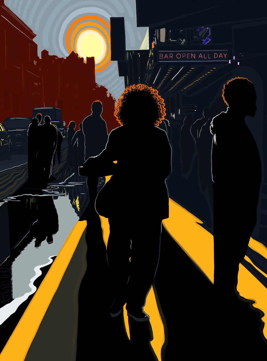 Baggrundsbelyste figurer og sol på Manhattans fortov (digital kunst) af Evan Sklar