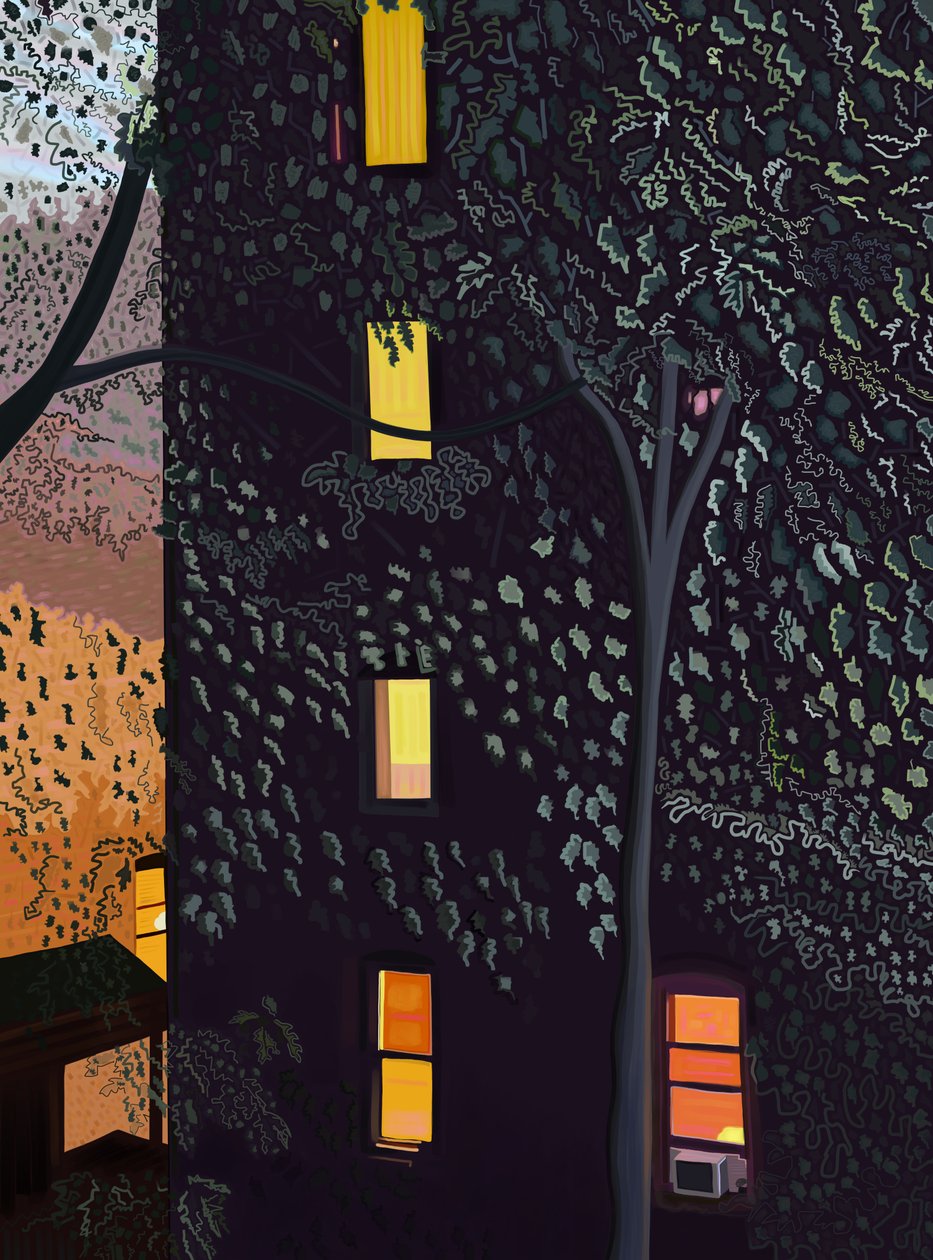 Bagsiden af bygninger om natten i Brooklyn (digital kunst) af Evan Sklar