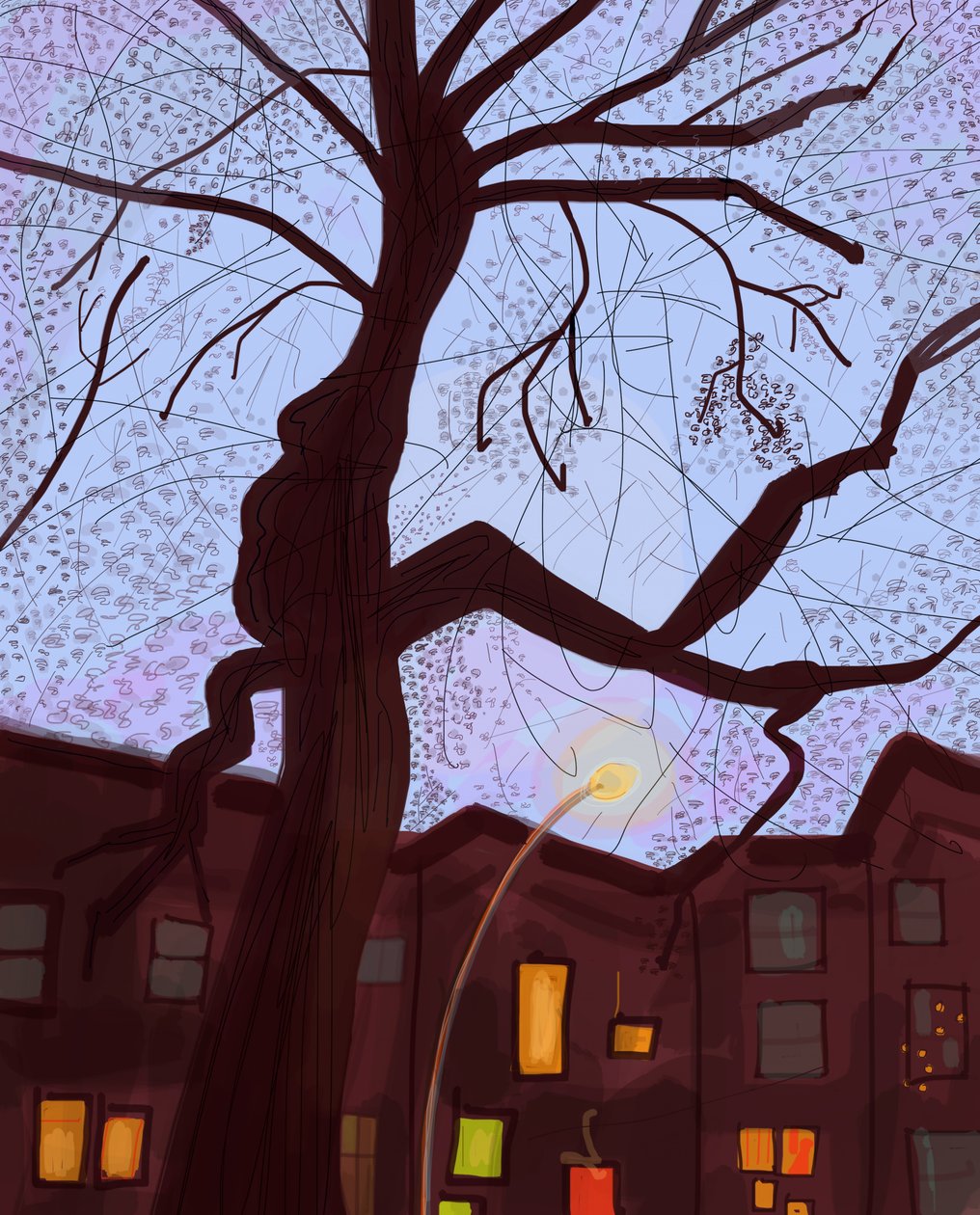 Brooklyn Brownstone Street At Dusk, 2016 (håndtegnet på en iPad med en Apple-blyant) af Evan Sklar