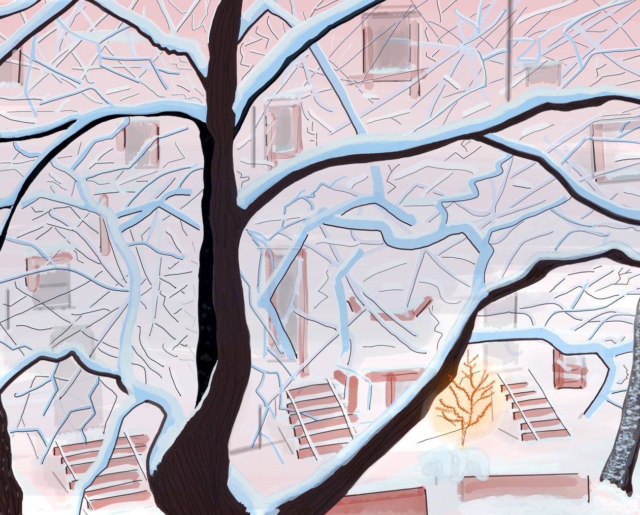 Brownstones i sne, Brooklyn (digital kunst) af Evan Sklar