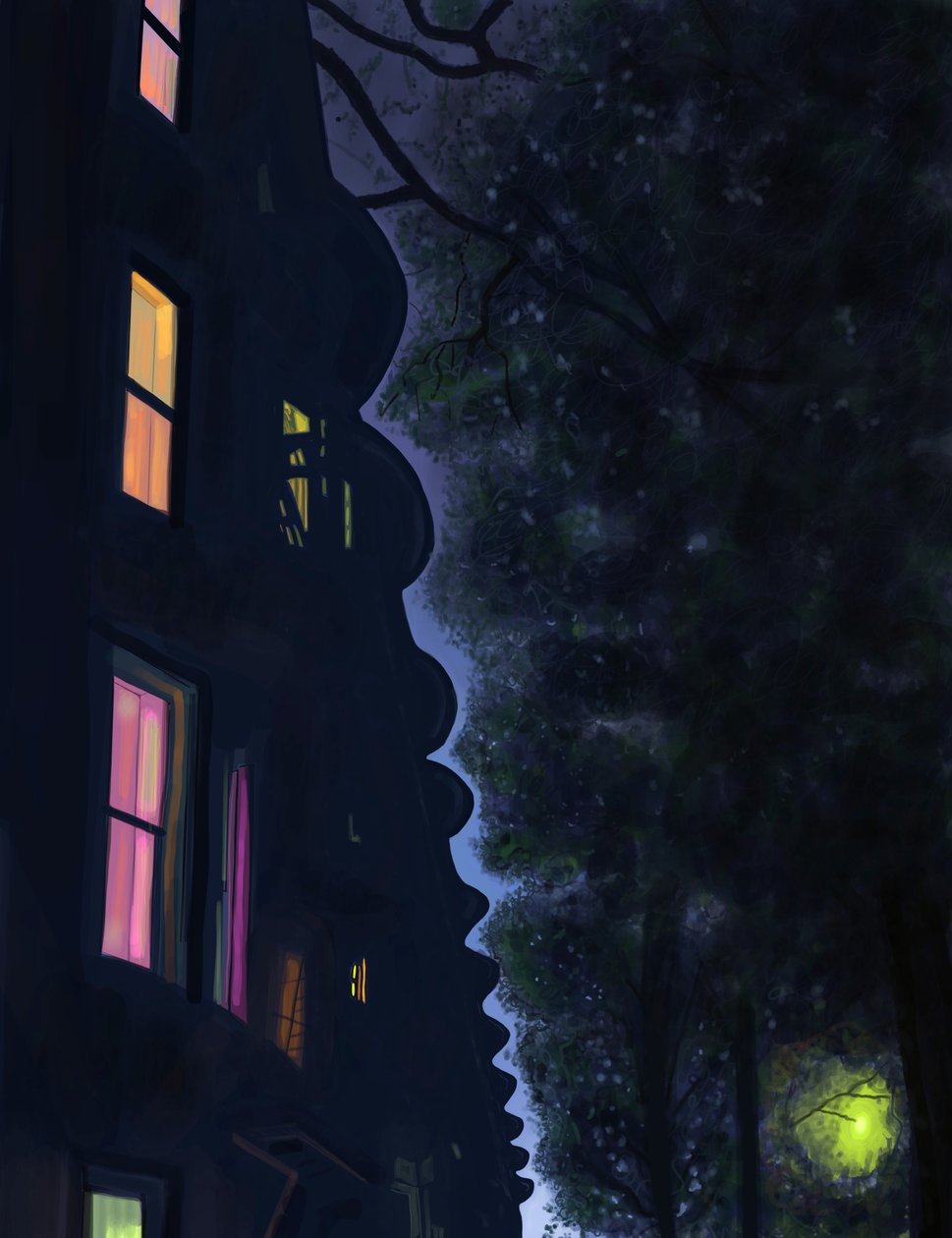 Bygningstoppe om natten, Brooklyn (digital kunst) af Evan Sklar