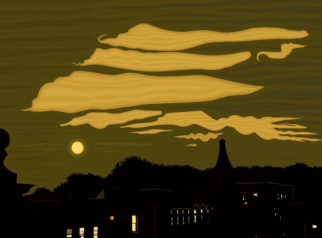 Skyer, måne og park fra taget (digital kunst) af Evan Sklar