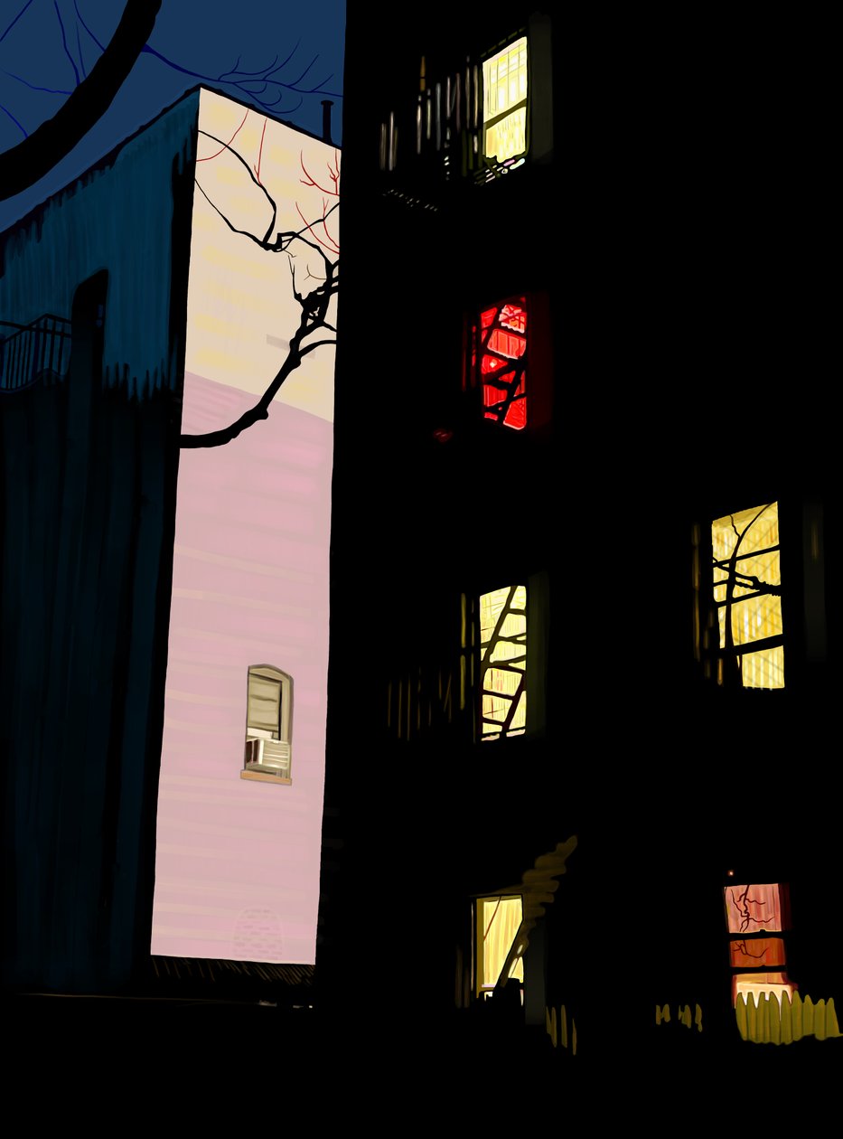 Farverige vinduer i lejlighedskomplekser om natten i Brooklyn (digital kunst) af Evan Sklar