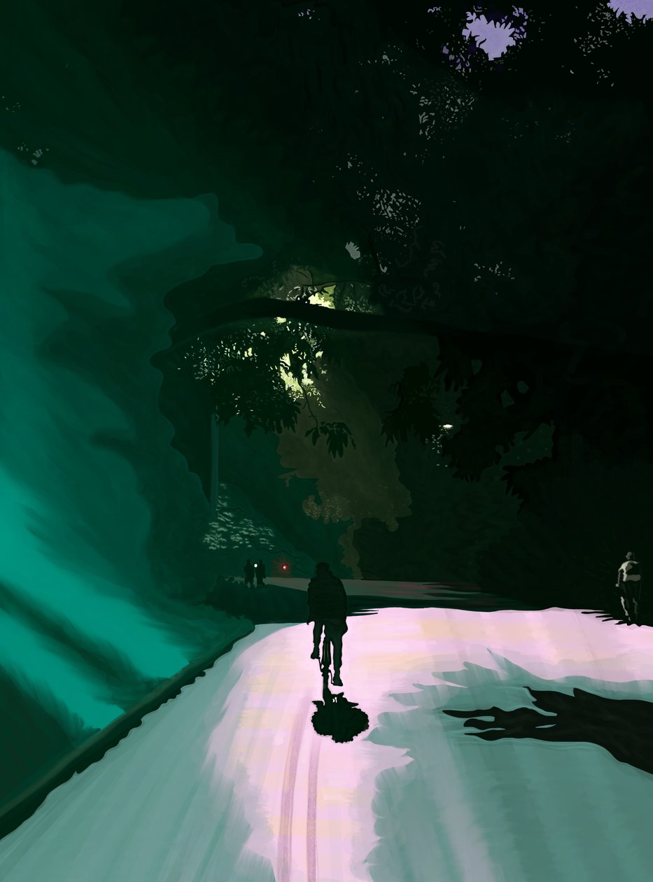Cyklist på vej, Prospect Park, Brooklyn, ca. 2020-24 (digital kunst) af Evan Sklar