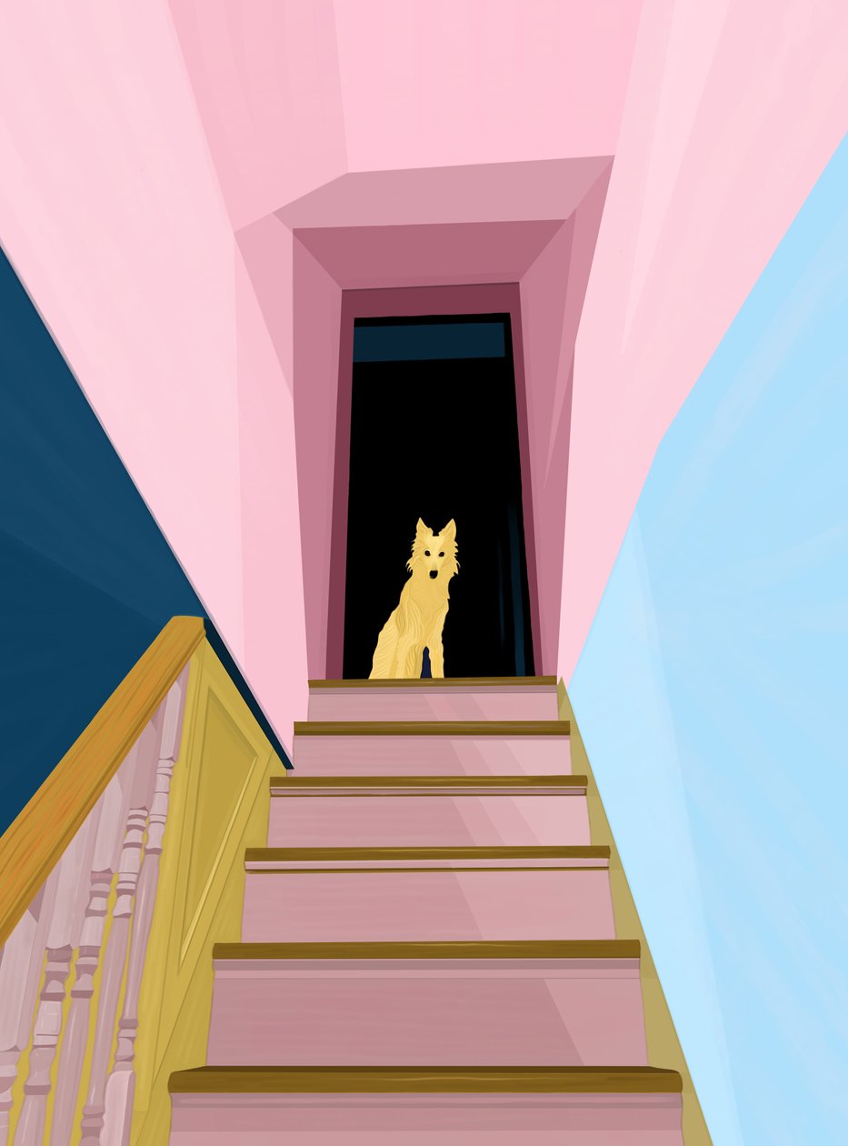 Hund på toppen af trappe (digital kunst) af Evan Sklar